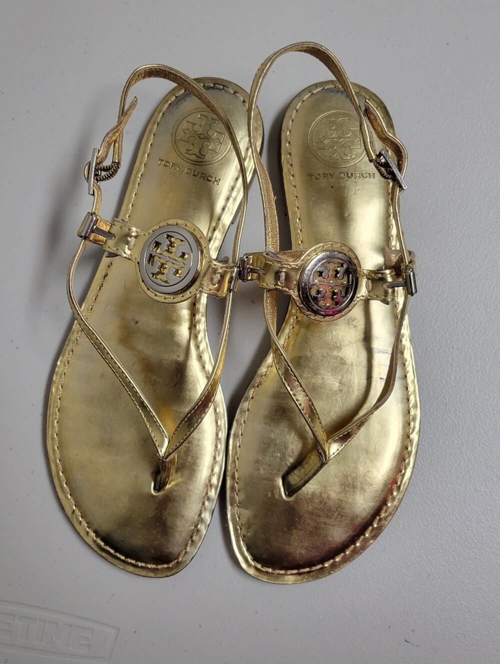 Tory Burch Metallic Gold Logo Slingback Sandals Size 8M. - Picture 3 of 10